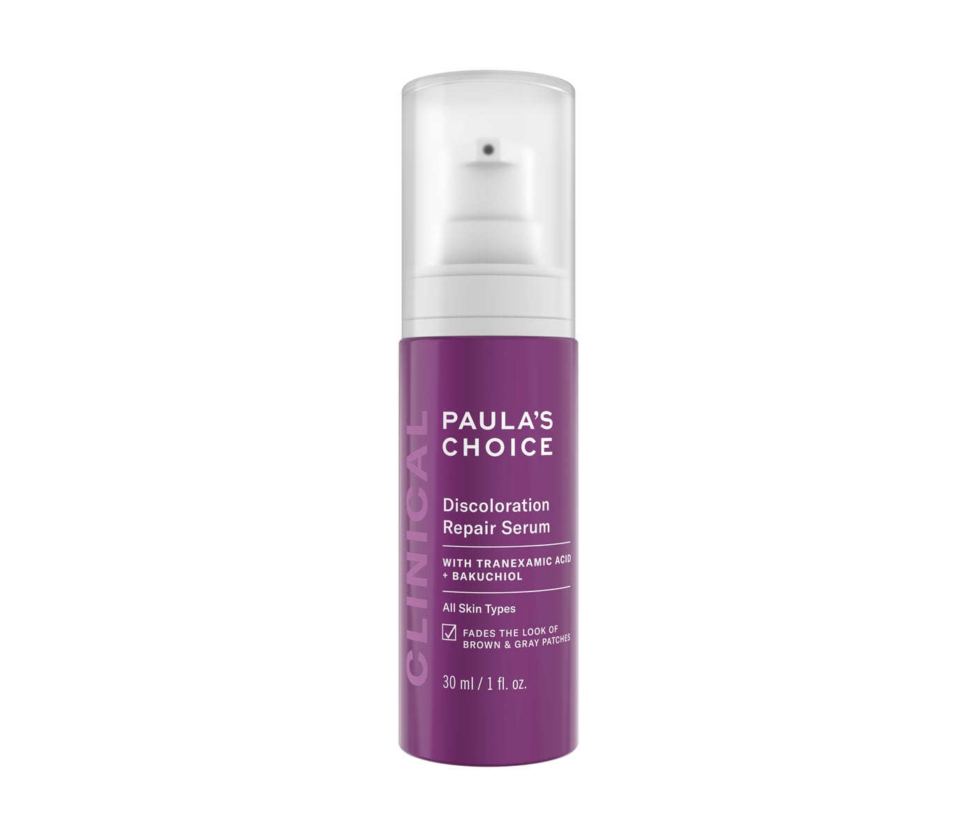 Clinical Discoloration Repair Serum de Paula's Choice (52 euros). Enriquecido con ácido tranexámico, niacinamida y bakuchiol, actúa en las diferentes causas que conducen a la producción excesiva de melanina. Las nuevas decoloraciones no se hacen visibles y las manchas oscuras existentes se desvanecen con el tiempo.