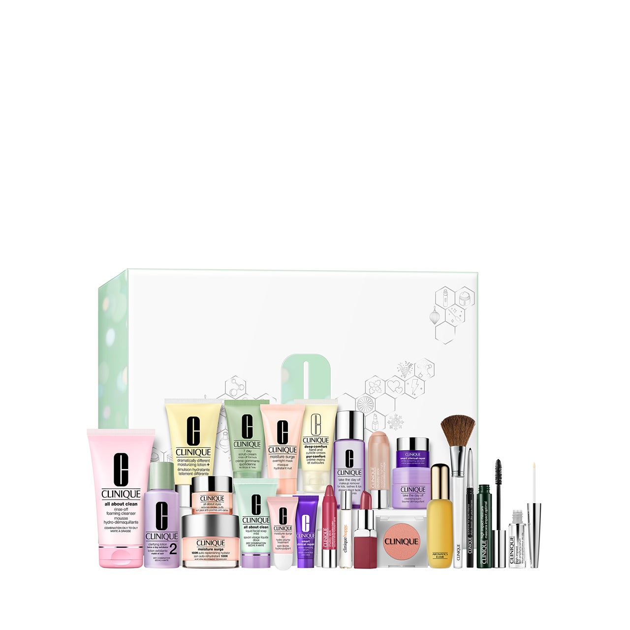 Calendario de adviento de Clinique (125 €). Incluye el sistema de 3 pasos, los favoritos en hidratación, los más vendidos de maquillaje y mucho más.