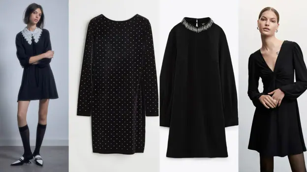 De izquierda a derecha propuestas 'low cost' para imitar el estilo de Miércoles: vestido de Sfera (39,99 €), vestido de h&m (14,99 €), vestido mini con abalorios en el cuello de Zara (39,95 €), y vestido de Mango (25,99 €).