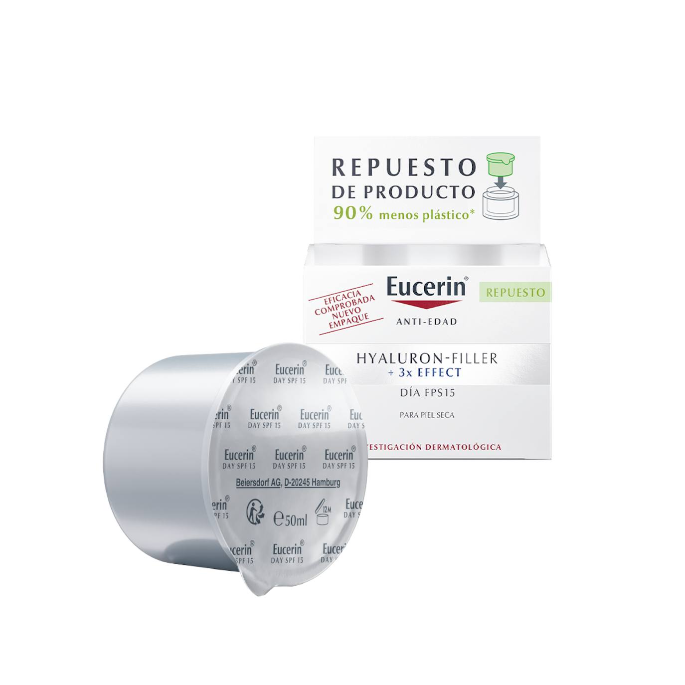 Recarga de Hyaluron-Filler Crema de día SPF 15 con fórmula Triple Efecto x3 de Eucerin (36,80 €, 50 ml). Fabricado con un 90% menos de plástico, permite conservar el envase original y recargarlo con un repuesto del producto, con la misma fórmula y beneficios. Rellena las líneas de expresión y las arrugas profundas para una piel más joven.