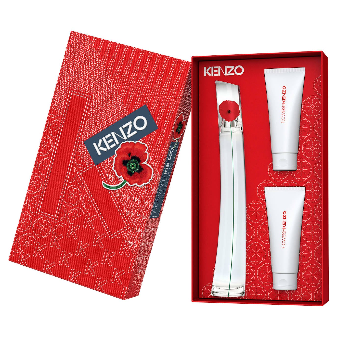 Set Flower By Kenzo Eau de Parfum (134 €). Como homenaje a su fundador, Kenzo recupera el Sashiko, y este estuche incluye bordados sobre tela vaquera roja. Este estuche contiene FLOWER BY KENZO Eau de Parfum para mujer, un ramo de rosas Damascena y violetas realzado con vainilla y almizcles blancos. Además, el Eau de Parfum viene con una loción corporal FLOWER BY KENZO a juego y un gel de ducha. El estuche de regalo es de cartón 100% reciclado, reciclable y reutilizable.