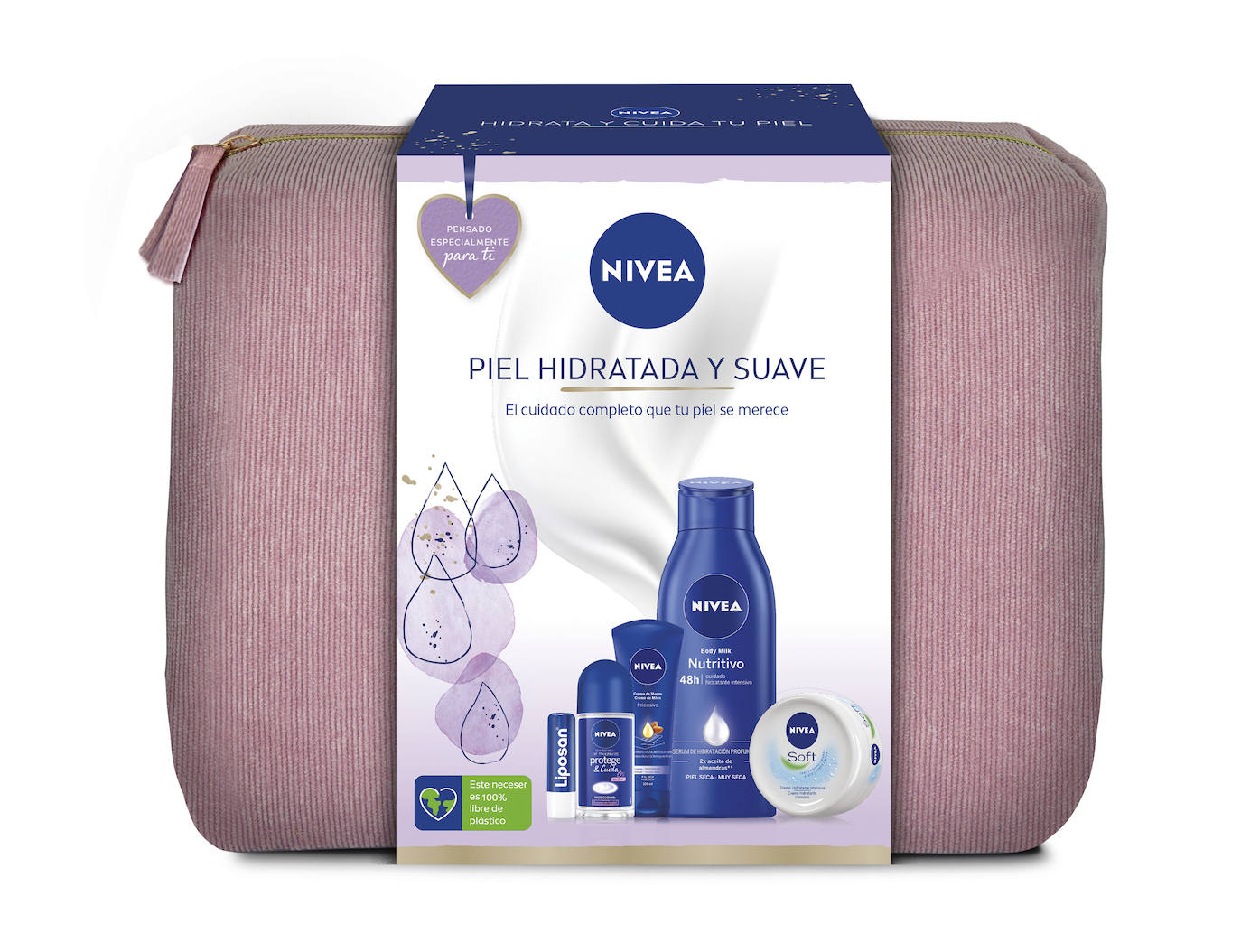 Pack Piel Hidratada y Suave de Nivea (12,49 €). Incluye todos los productos clásicos y necesarios para mantener la piel de todo el cuerpo hidratada y suave, manteniendo la fragancia característica de Nivea. Dentro de este neceser se encuentra el Body Milk perfecta para pieles secas, la Crema de Manos Cuidado Intensiva para que las manos estén siempre protegidas, la crema todo uso Nivea Soft en tamaño viaje y el desodorante en roll-on antitranspirante Protege & Cuida. Para completar este neceser, un imprescindible que no puede faltar: el bálsamo labial Liposan Original.