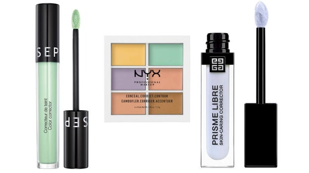 De izquierda a derecha: Corrector del Color Verde de Sephora Collection (14,99€); la paleta de correctores de color de Nyx Professional Makeup (13,50€); Corrector Skin Caring Blue Prisme Libre de Givenchy (34,70 €).