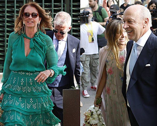 Salió Montserrat Bernabéu con traje verde.  A la derecha María Valls con vestido de flores.