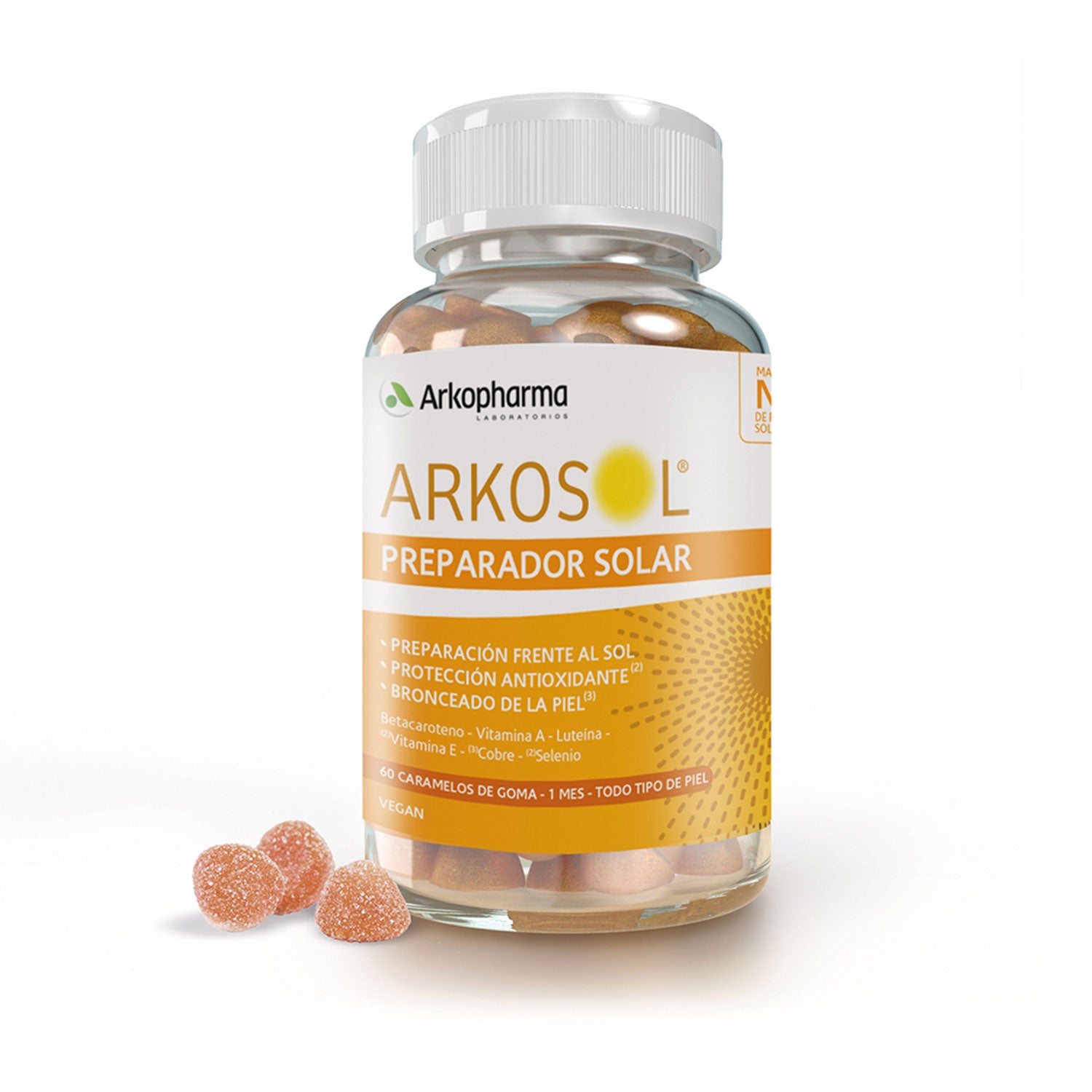Arkosol® Caramelos de goma (27,11 €). Este nuevo y divertido formato en caramelos de goma sabor a fruta es la opción ideal para conseguir una piel bronceada y luminosa durante todo el año. Con una fórmula concentrada en activos combina vitaminas, minerales y pigmentos de origen vegetal para protege la piel frente al sol (combinar siempre con protección tópica), proteger las células del daño oxidativo y mantener la pigmentación de la piel.