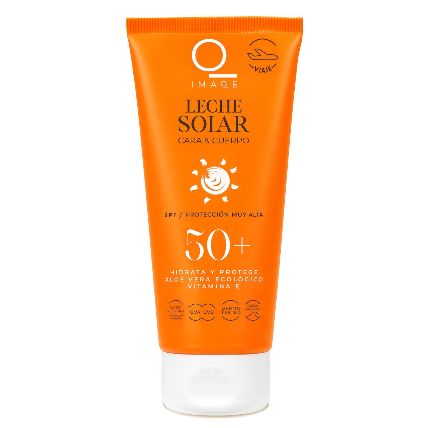 Leche solar para cara y cuerpo con factor de protección SPF 50+ de 100ml de Imaqe (3,99 €, en Día). El formato perfecto para los viajeros que no quieren facturar. La leche solar está reforzada con aloe vera ecológico y vitamina E para restablecer los niveles de hidratación de la piel y protegerla de la oxidación, y es apta para cara y cuerpo.