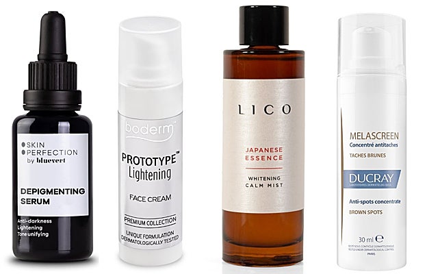 De izquierda a derecha:Despigmenting Serum de Skin Perfection by Bluevert con ácido tranexámico, vitamina C estabilizada, arbutina, niacinamida y gluconolactona (50 €); Prototype Lightening Cream de Olyan Farma con alfa-arbutina, niacinamida y ácido kójico (26,50 €); Whitening Calm Mist Japanese Essence de Lico, con ácido tranexámico, extracto de mora blanca, azeloglicina, ácido succínico y extracto de regaliz (41,90 €); Despigmentante Concentrado Antimanchas Melascreen de Ducray con ácido azelaico, ácido glicólico, entre otros activos (21,95 €).