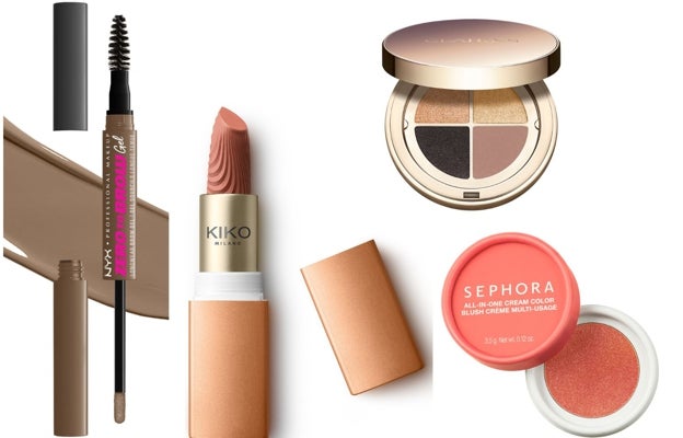 De izquierda a derecha: Gel de cejas Zero to Brow de NYX Professional Makeup (12,95 €); Labial Definition Boost Lipstick de Kiko Milano (12,99 €); Paleta de cuatro sombras tono Ambar Gradation de Clarins (53 €); Colorete en crema multiusos All-In-One Cream de Sephora Collection (13,99 €, solo en Sephora).