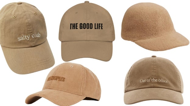 .De izda. a dcha.: Gorra color arena con efecto lavado y bordado 'Salty club', de Zara (12,95€). Gorra beige con el logo estilo vintage bordado en negro, de TheGoodLife (30€). Gorra de terciopelo acanalado con bordado, de The Kooples (85€). Gorra de lana minimal, de Uniqlo (29,90€). Gorra con mensaje 'Out of office', de Mango (15,99€)