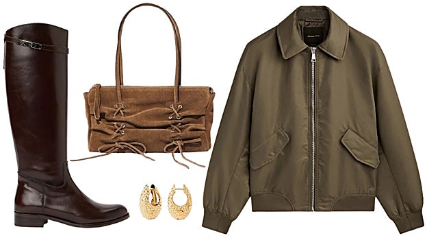  De izda. a dcha.: Botas jinete planas en piel con caña alta y puntera redonda, de Latouche (199€). Bolso de piel color camel con lazadas, de Parfois (49,90€). Pendientes 'Marina Hoops' de la colección de PDPaola+Scalpers (149€). Bomber acolchada con acabado satinado, de Massimo Dutti (99,95€)