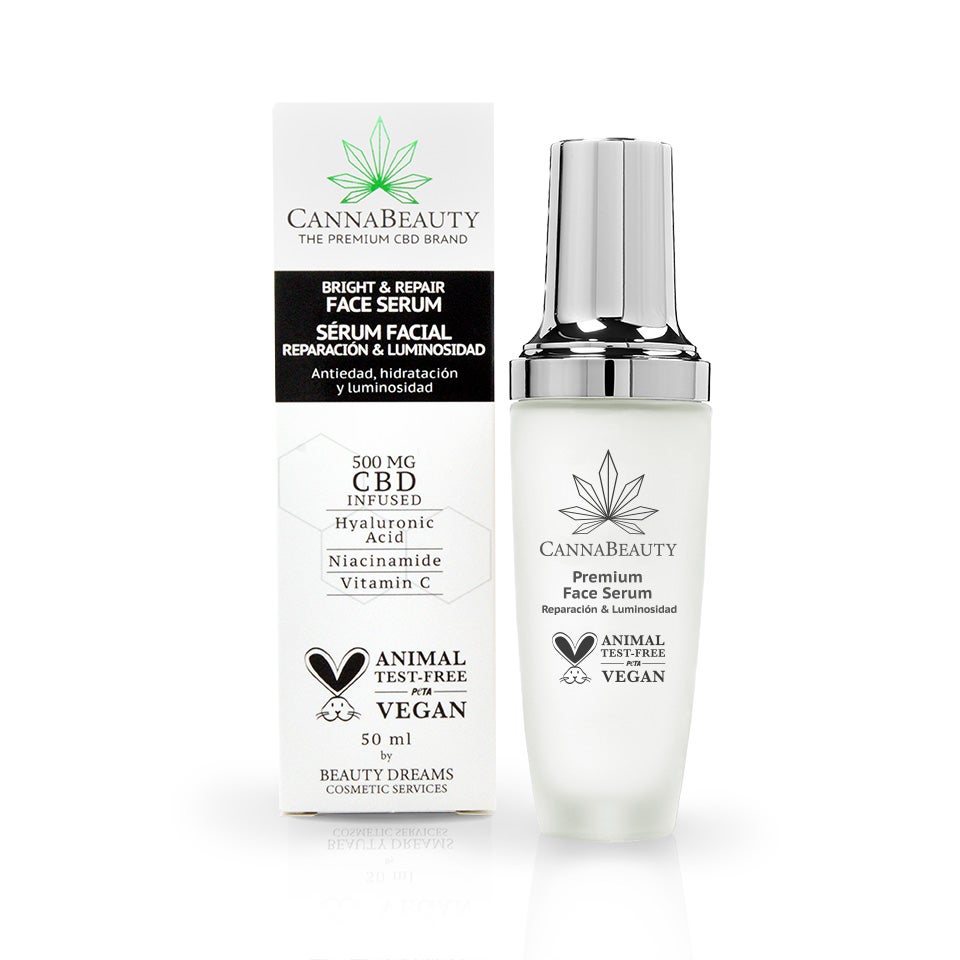 Premium Face Serum Reparación y Luminosidad de Cannabeauty (98 euros). Enriquecido con niacinamida, encargada de mejorar el tono, calmar y reducir las finas líneas de expresión, vitamina C, que ilumina el rostro y promueve la formación de colágeno logrando un cutis uniforme y CBD puro, que es un excelente antioxidante y antiinflamatorio, perfecto para tratar problemas de acné ya que ayuda a calmar y regenerar la piel.