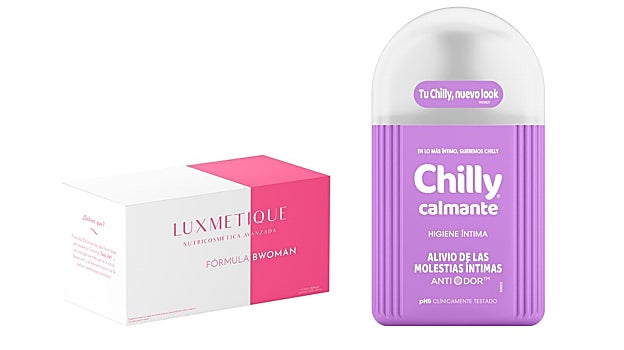 Bwoman de Luxmetique cuenta en su fórmula con Soylife®, patente que aporta isoflavonas de soja, extractos de plantas y vitaminas para mejorar el bienestar de la mujer en la menopausia aliviando la sequedad vaginal y los sofocos (41,95 euros); Gel de higiene íntima Chilly Calmante con bisabolol y ácido láctico (4,75 euros).
