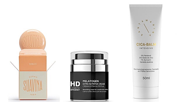 De izquierda a derecha: Bálsamo Dermo-Suavina Citrus (3,30 euros), enriquecido con aceite de naranjo dulce, con efecto calmante; Melatogen Crema de HD Cosmetic Efficiency (52,10 euros), con activos epigenéticos que ayudan a prevenir el envejecimiento acelerado por factores como los cambios de temperatura; Cica-Balm Intensivo de Santamarina Cosmetics (19,90 euros), la crema regenerante con una alta concentración de activos.