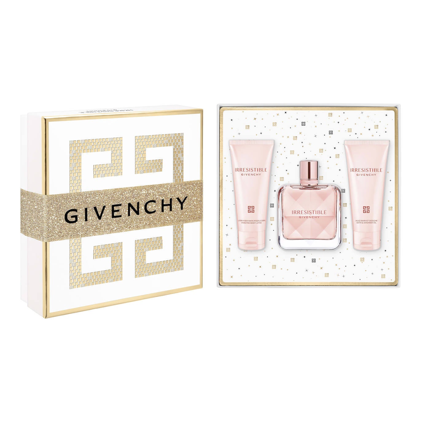 Pack Irresistible Eau de Parfum de Givenchy (142,50 euros). Incluye el perfume de 80 ml, caracterizado por un contraste encantador entre la rosa voluptuosa y la madera rubia, la loción corporal y el aceite de ducha.