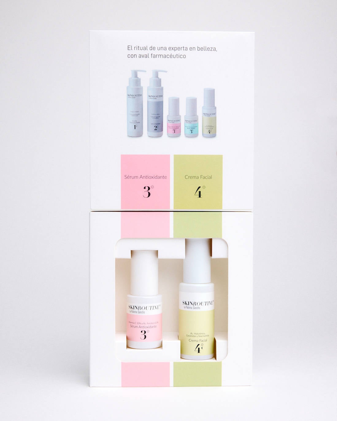 Rutina Dúo-Cuidado de Día de SkinRoutine by Paloma Sancho (52,20 euros). Esta firma que puedes encontrar en farmacia y en su web ofrece este cofre de regalo que incluye el Serúm Antioxidante y la Crema Facial hidratante.