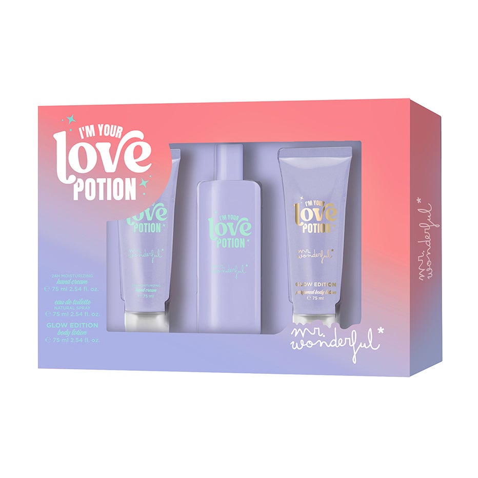 Estuche MR WONDERFUL I Am Your Love Potion Edt (15,95 euros en Clarel).  Incluye la colonia de 75 ml, la loción corporal de 75 ml y la crema de manos de 75 ml. 