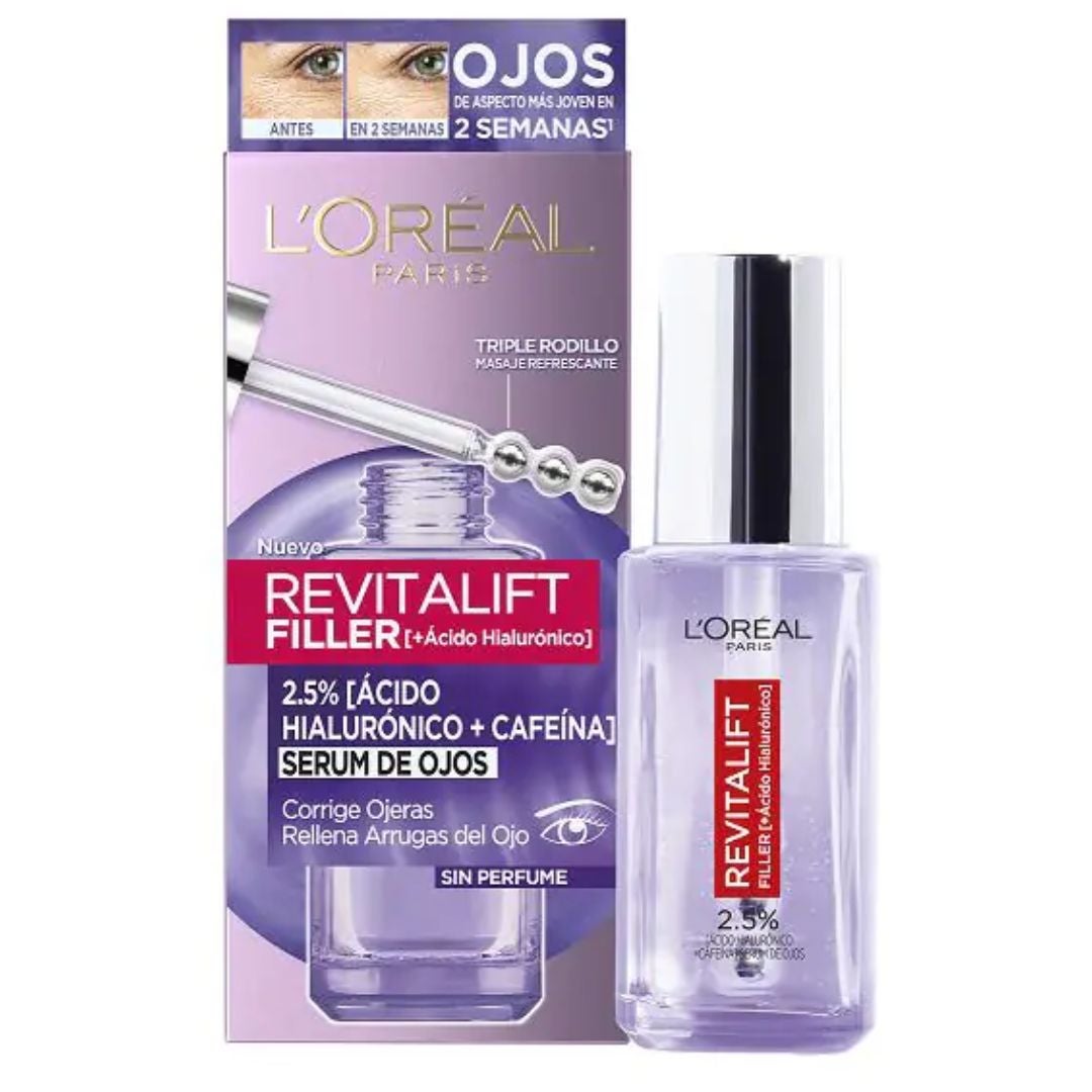 Contorno de ojos Revitalift Filler Ácido Hialurónico y Cafeína de L'Oréal Paris (15,16 euros en Primor). Este sérum para el contorno de los ojos combina dos potentes activos que mejoran tanto las arrugas y las finas líneas de expresión, como las ojeras. Incluye aplicador de efecto frío para descongestionar esta zona.