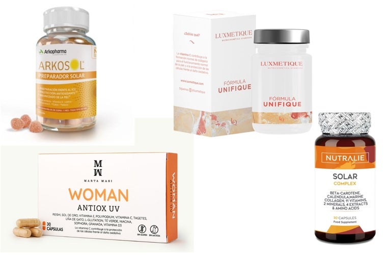 Suplementos solares para evitar el daño de los rayos solares: Arkosol® Caramelos de Goma de Arkopharma (26,50 euros); Fórmula Unique de Luxmetique (39,95 euros); Woman Antiox UV de Marta Masi (25,90 euros);Solar Complex de Nutralie (19,90 euros).