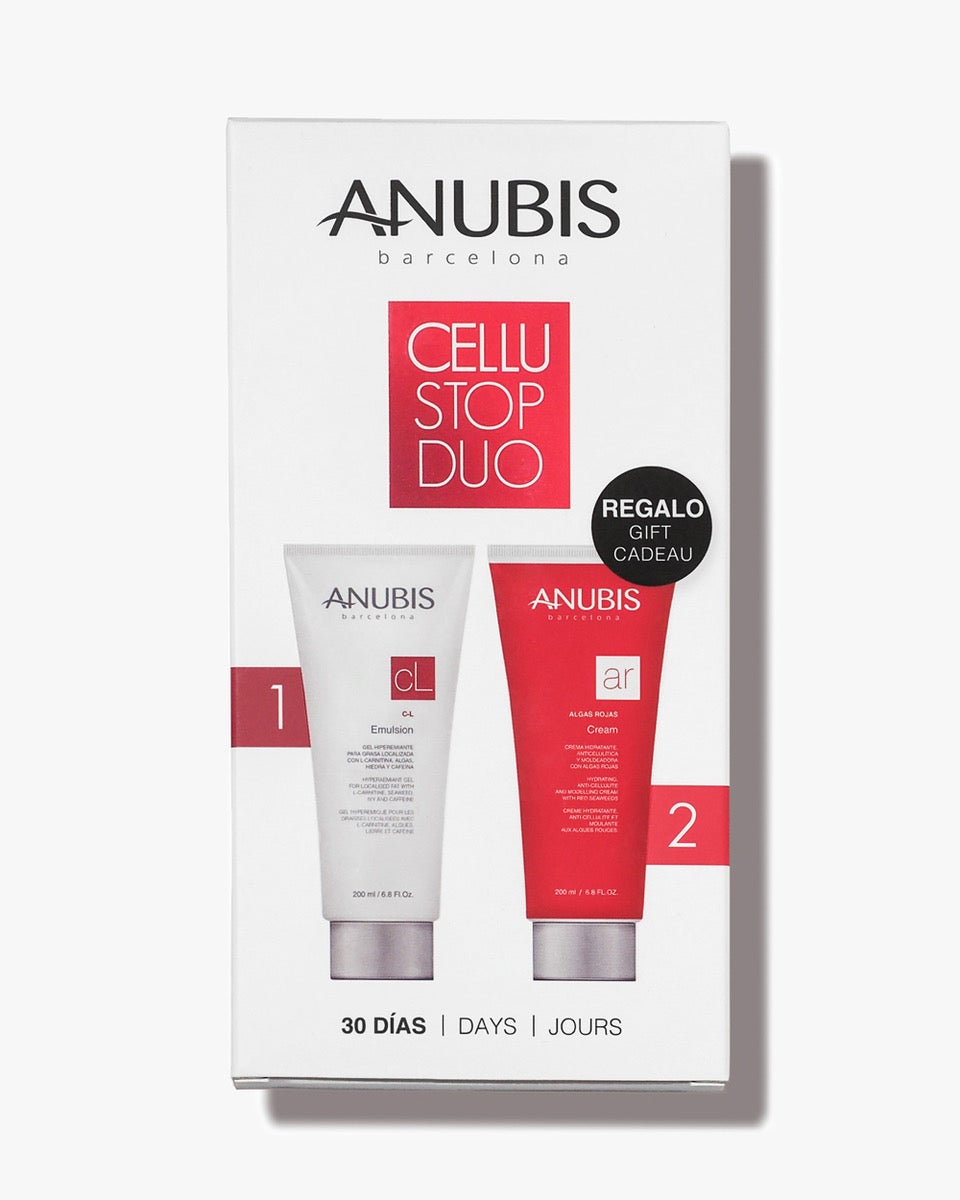 Cellu Stop Duo de Anubis (61,95 euros). Este tratamiento de 30 días está diseñado para ayudarte a combatir la grasa localizada, ofreciendo resultados visibles y duraderos. El pack incluye: C-L Emulsion (gel reductor con efecto calor) y Algas Rojas Cream (crema anticelulítica moldeadora).