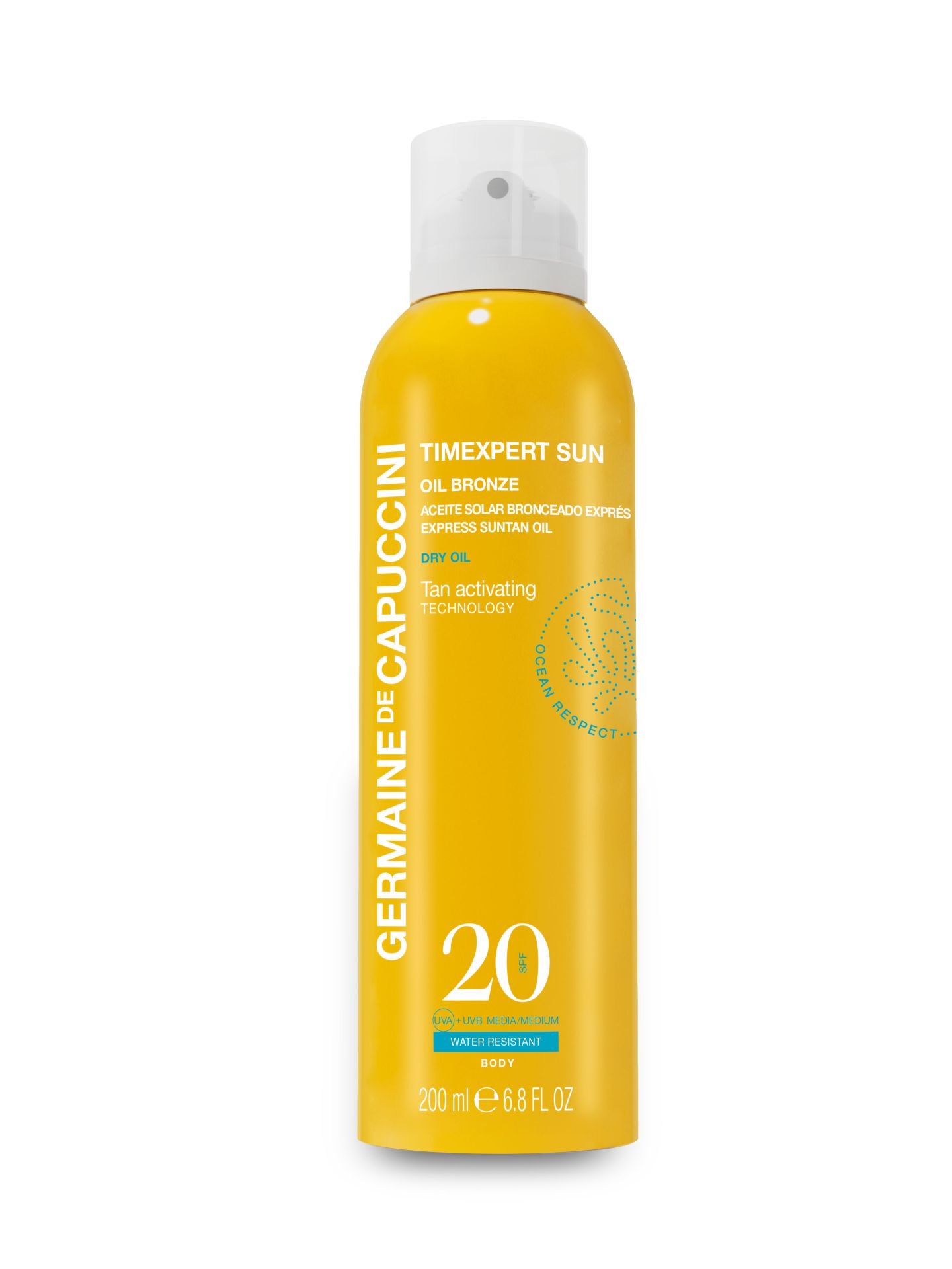 Oil Bronze SPF 20 de Germaine de Capuccini. Este aceite solar bronceado exprés no solo proporciona protección UVA y UVB, sino que también acelera y prolonga el bronceado gracias a melaninboost y aceites de albaricoque y zanahoria. El nuevo formato permite una aplicación más cómoda con un sistema de dosificación perfectamente ajustado a las características de su textura. Este producto no solo protege la piel, sino que también la nutre, hidrata e ilumina con su aceite seco ultra-ligero. Su precio: 37,90 euros.