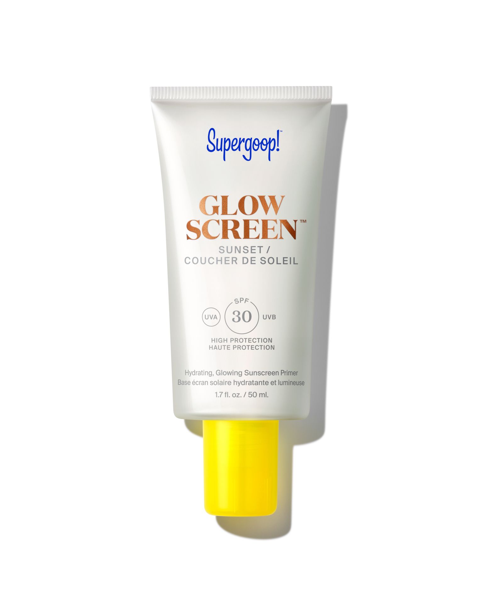 Glow Screen Protector solar SPF 30 de Supergood!. Protector solar de textura ligera y acabado transparente, perfecto para usar como prebase. Además de filtros solares, incluye activos como la niacinamida y el ácido hialurónico, hidratando y cuidando la piel, a la vez que la protege. Su precio: 40,99 euros, solo en Sephora. 