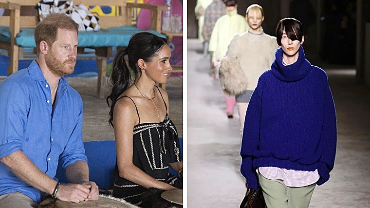 Los Duques de Sussex, en Cartagena de Indias, Colombia, y look de desfile de otoño-invierno 2024, de Dries van Noten