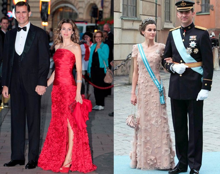 Doña Letizia en 2010 con dos diseños de Varela para la boda y preboda de Victoria de Suecia.