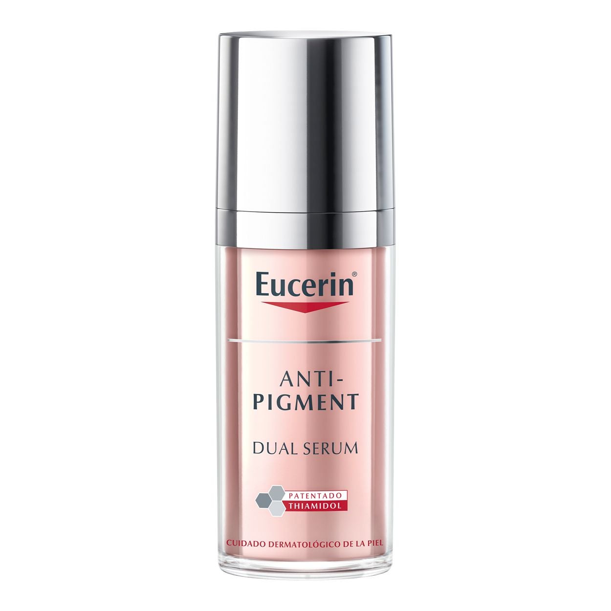 Anti-Pigment Dual Serum de Eucerin (48,95 euros). La combinación de Thiamidol® con ácido hialurónico reduce las manchas evitando su reaparición, dejando la piel con aspecto renovado. Tras dos semanas de aplicación comenzarás a observar los primeros resultados visibles, según la marca. El Thiamidol® es un inhibidor de la tirosinasa humana, la enzima más importante en la formación de melanina. Ha demostrado una alta eficacia, tolerabilidad y rapidez en sus resultados y en todo tipo de pieles.