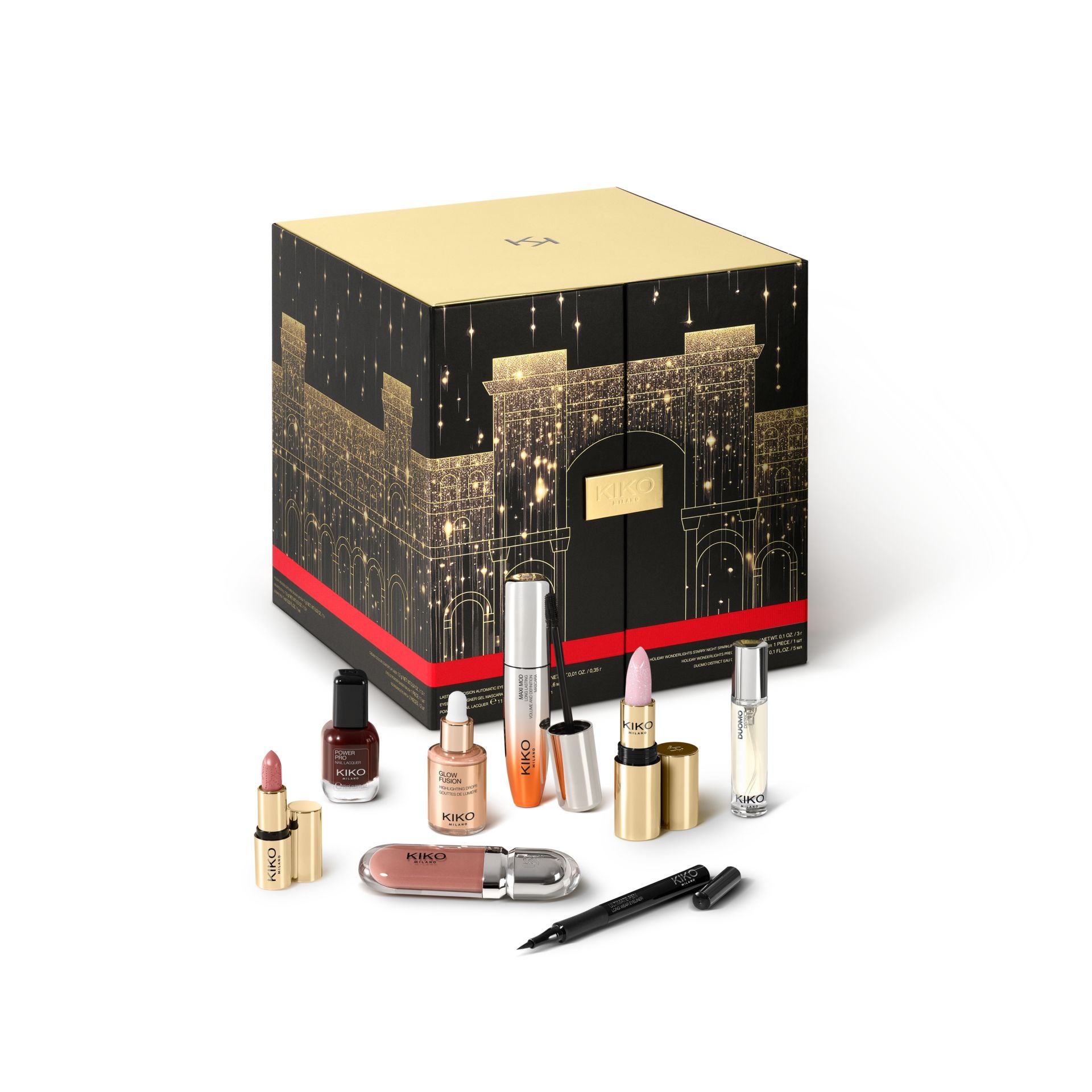 Calendario de adviento Holiday wonderlights de Kiko Milano (129,99 euros). Este calendario esconde 24 productos de maquillaje y cuidado facial, como la sombra de ojos Holiday Wonderlights Metallic o el intenso labial New Lasting Matte Veil Liquid.