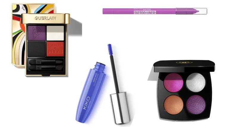 Guerlain x Pucci 045 Marmo Vibe collection shadow palette (91 euros); Maxi Mood Color mascara by Kiko Milano (13.99 euros), Tatto Liner by Maybelline (5.99 euros); Chanel limited edition Enchanted Night eyeshadows (80 euros).