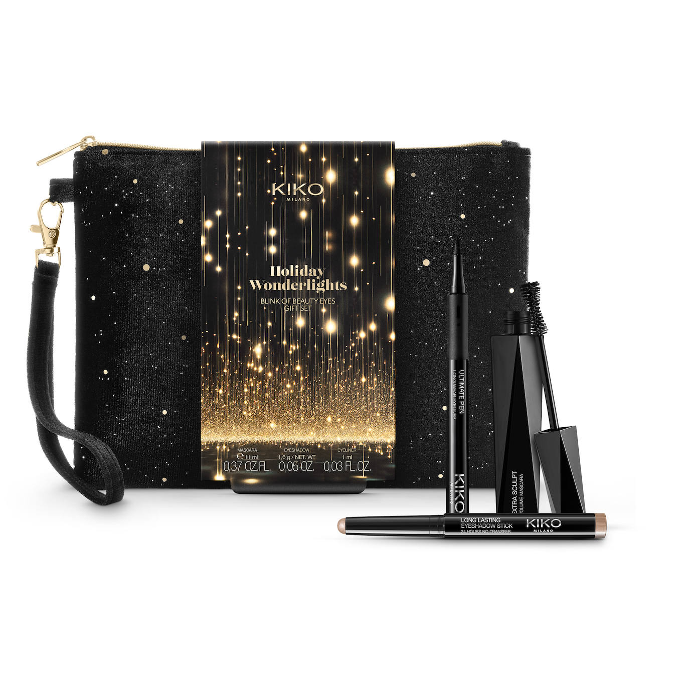 Holiday Wonderlights Blink of Beauty Eyes Gift Set de Kiko Milano (24,99 euros).  Un kit perfecto para crear un look de ojos festivo e impresionar. Incluye sombra de ojos long Lasting Eyeshadow Stick 03 en formato stick de larga duración, la máscara de pestañas de volumen panorámico Extra Sculpt Volume Mascara y el delineador Ultimate Pen Eyeliner 01, en formato rotulador.