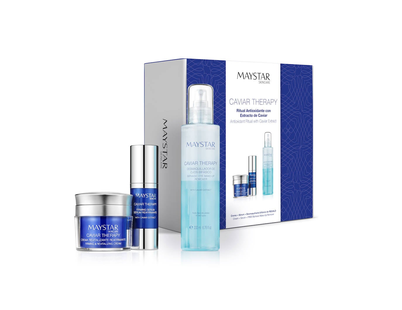 Cofre Caviar Therapy de Maystar (127,90 euros). Indicado para pieles mixtas o grasas con falta de firmeza y arrugas marcadas, destaca por sus efecto antiaging, regenerador celular, nutritivo y detoxificante. El set incluye la crema y el sérum de la gama, así como el desmaquillador de ojos bifásico de 200 ml.