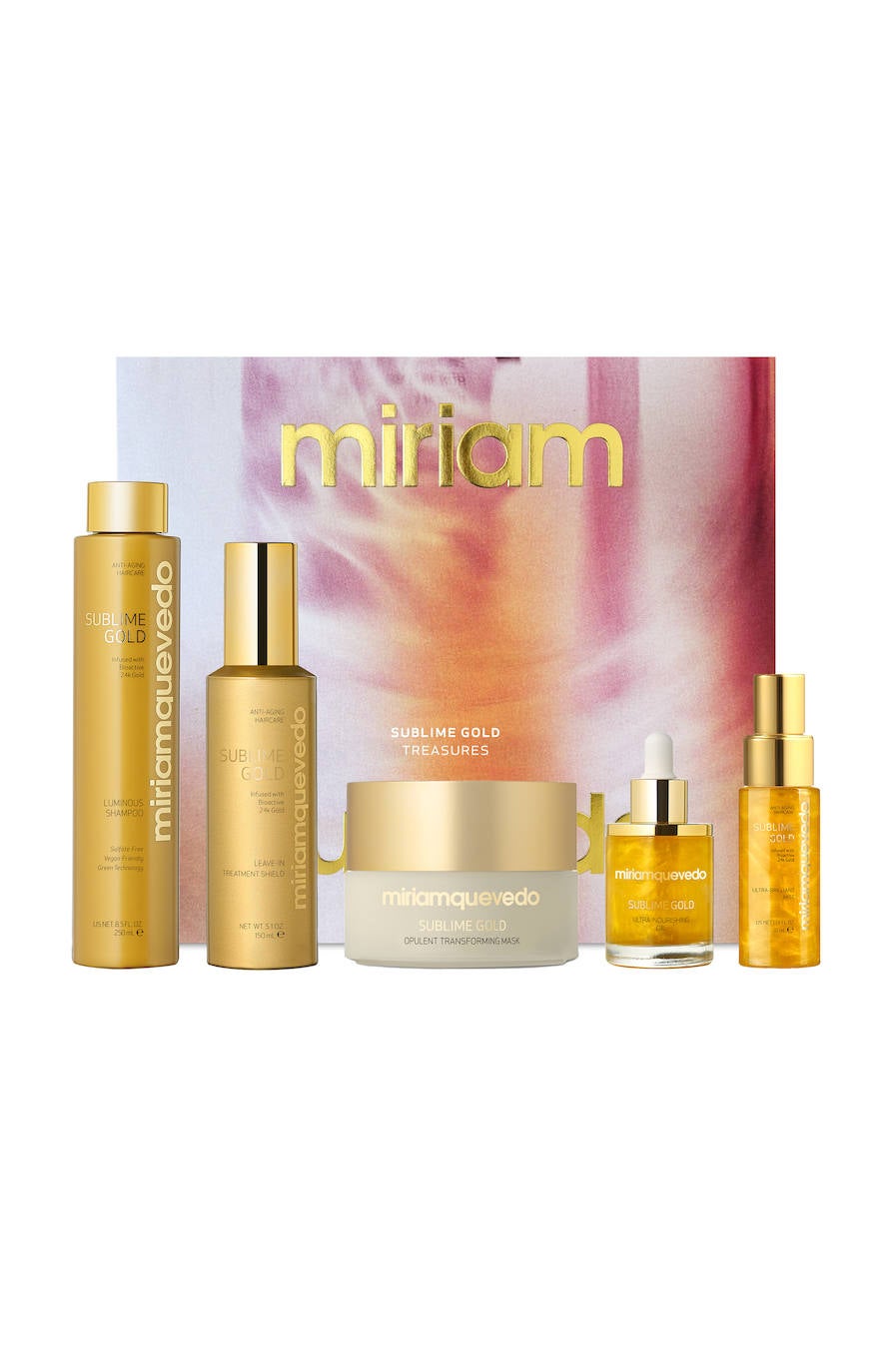 Sublime Gold Treasures Set de Miriam Quevedo (415 euros). Este cofre de edición limitada incluye la línea premium para cuidar el pelo Sublime Gold, enriquecida con oro bioactivo de 24 k, que rejuvenece, nutre y transforma el cabello. Incluye el champú Luminous de 250 ml, la mascarilla Opulent Transforming de 200 ml, el acondicionador Treamenet Shieldde 150 ml, el aceite nutritivo de 50 ml y la bruma ultra brillante de 30 ml.