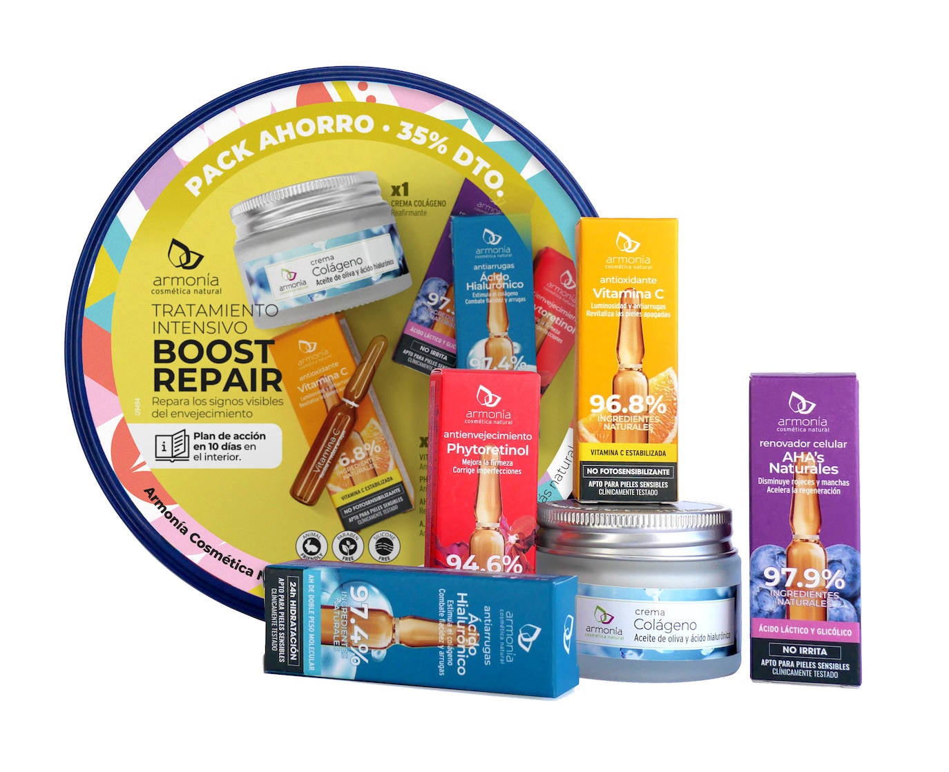 Tratamiento intensivo boost repair de Armonia Cosmética Natural (20,45 euros). El regalo ideal para las fans del skincare a las que les gusta probar muchos productos, ya que está formado por una Crema de Colágeno y 10 ampollas. Se trata de un plan de acción de 10 días para renovar por completo tu piel, ya que las ampollas son de Vitamina C, Ácido Hialurónico y AHA’s. Además, viene acompañado de una lata retro para guardar todos tus cosméticos.