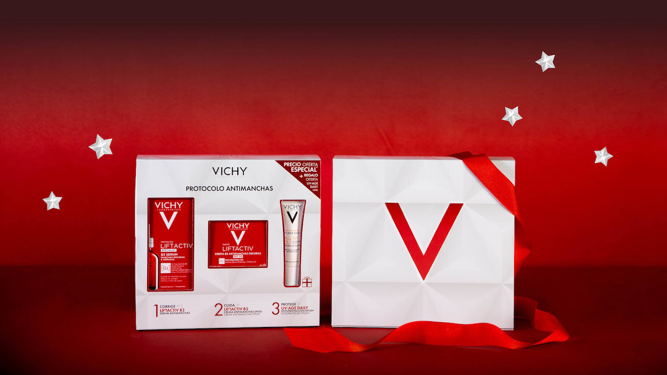 Protocolo antimanchas de Vichy (67,90 euros). Un cofre perfecto para las mujeres que quieren lucir una piel radiante, sin manchas y con mayor luminosidad. Incluye LIFTACTIV Sérum B3 Antimanchas Oscuras, que se usa mañana y noche, la crema de día LIFTACTIV B3 con SPF 50 para hidratar, combatir los signos de la edad y reducir manchas, y el protector solar Capital Soleil UV-AGE Daily SPF 50+.