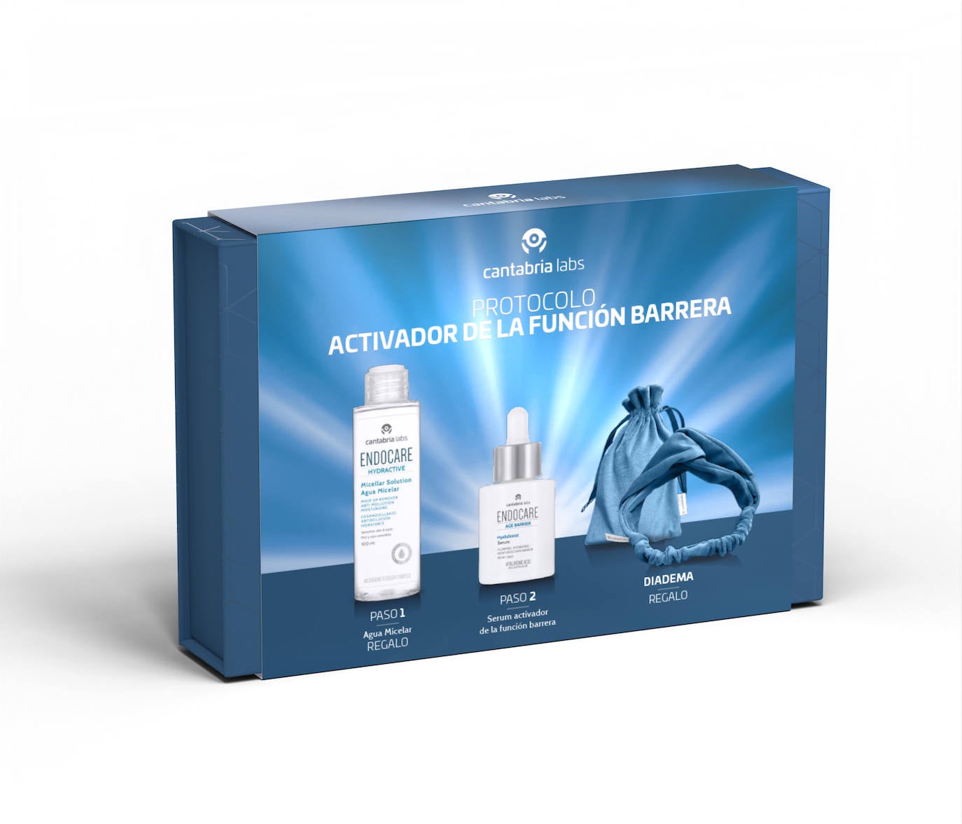 Cofre de navidad Train Your Skin Función Barrera de Cantabria Labs (64,29 euros). Este sencillo protocolo centrado en la hidratación y función barrera de la piel consta del  Séum Endocare Age Barrier Hyaloboost, que hidrata la piel a través de la activación de la función barrera. Además, viene acompañado de dos regalos: Endocare Hydractive Agua Micelar de 100 ml y una diadema de terciopelo.