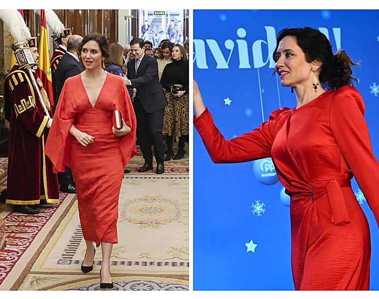 Isabel Díaz Ayuso, con un vestido de Ana Puebla en el Congreso de los Diputados y con un diseño de Laura Bernal, en la cena de Navidad del PP.