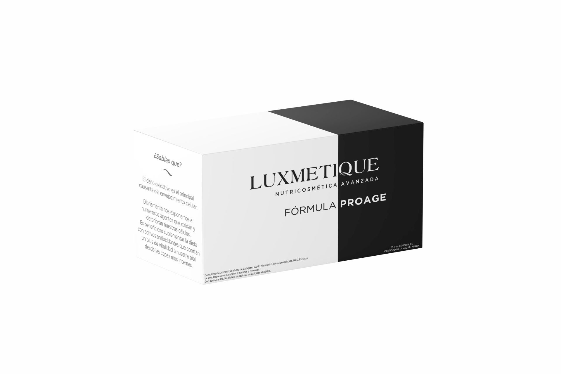 Proage Fórmula de Luxmetique (42,95 euros).  Recomendado para todo tipo de pieles, está formulado con colágeno Verisol, y es el perfecto complement para todas las rutinas cosméticas aportando firmeza y luminosidad a la piel, al tiempo que mejora las arrugas. Junto al colágeno, incluye un cocktail de antioxidantes, ácido hialurónico y los dos tipos de resveratrol más potentes que existen: Extracto de Uva (5% Resveratrol), Extracto de Polygonum cuspidatum. También cuenta con Licopeno (10%), Vitamina C; Niacina (Vitamina B3); Vitamina E; Riboflavina (Vitamina B2); Vitamina A; Magnesio; Zinc; Cobre y Selenio. Para tomar todas las mañanas, en ayunas. 