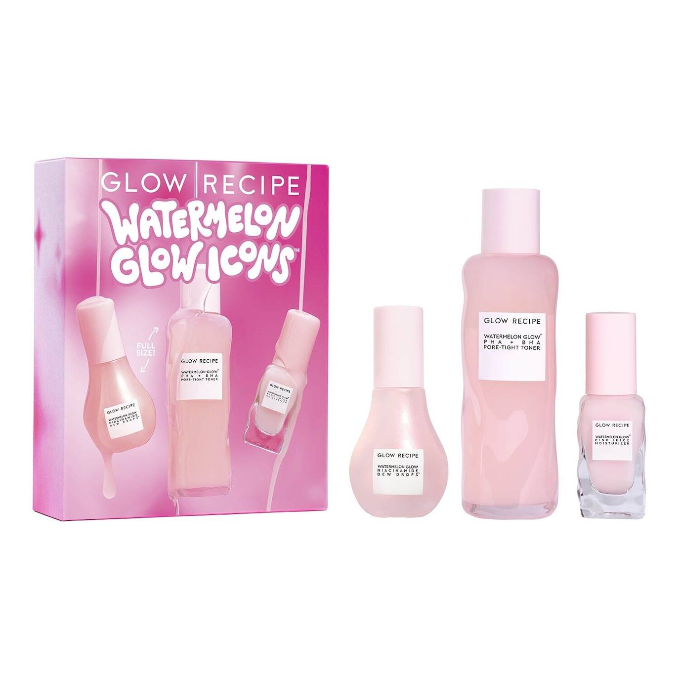 Watermelon Glow Iconics de Glow Recipe (75 euros, solo en Sephora). Un trío de productos a base de sandía que incluye Watermelon Glow Dew Drops, el sérum con niacinamida más vendido de la marca; Watermelon Glow Toner, un tónico refinador de poros; y Watermelon Glow Pink Juice, una hidratante sin aceites para una piel suave y radiante.