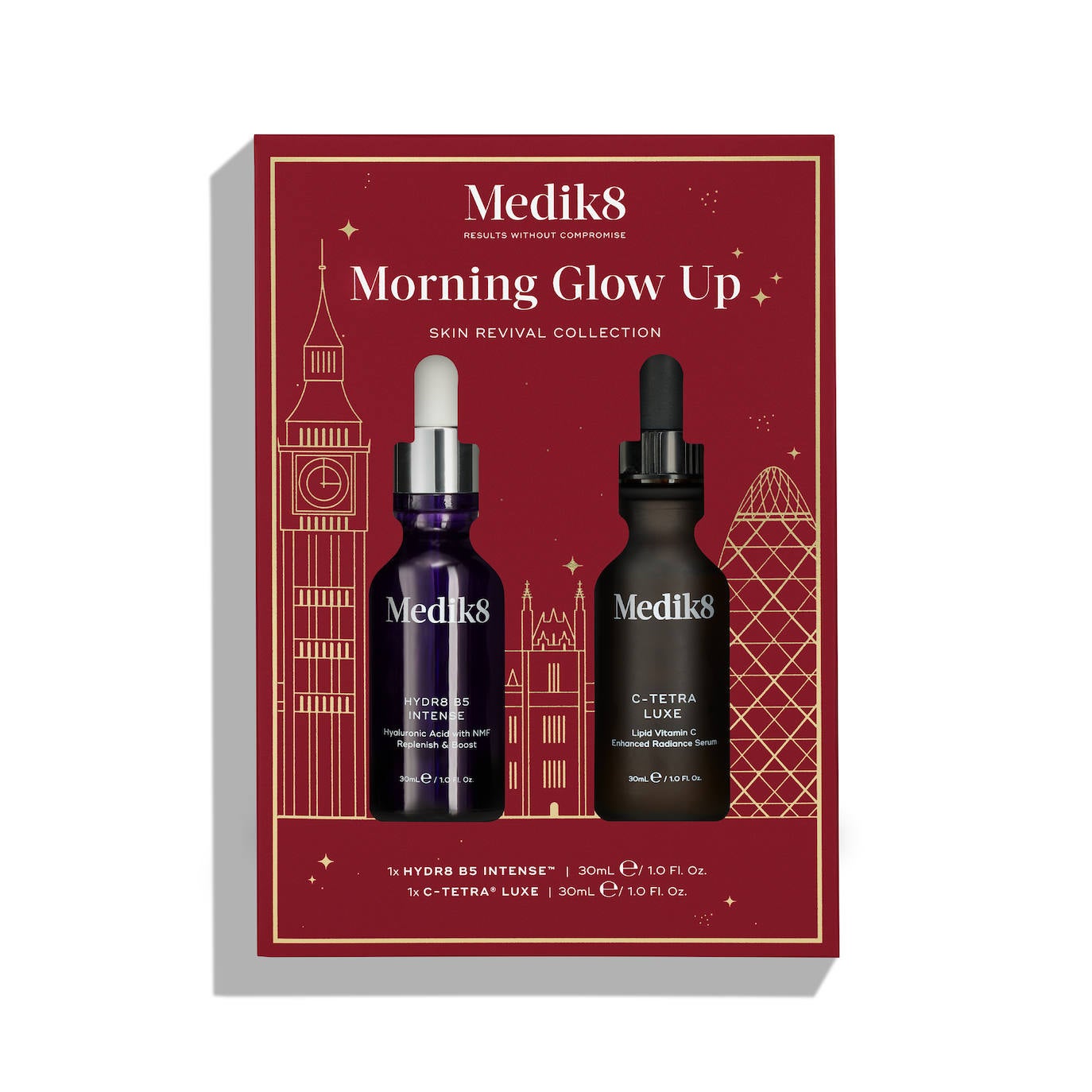 Set Morning Glow Up de Medik8 (115 euros). Incluye dos productos que te ayudarán a aumentar la luminosidad del rostro: C-Tetra Luxe, un sérum antioxidante con vitamina C, que reduce las arrugas, ilumina la piel, mejor la barrera cutánea y potencia la producción de colágeno, y el tratamiento hidra-tante Hydr8 B5 con ácido hialurónico, factores naturales de hidratación y antioxidantes.