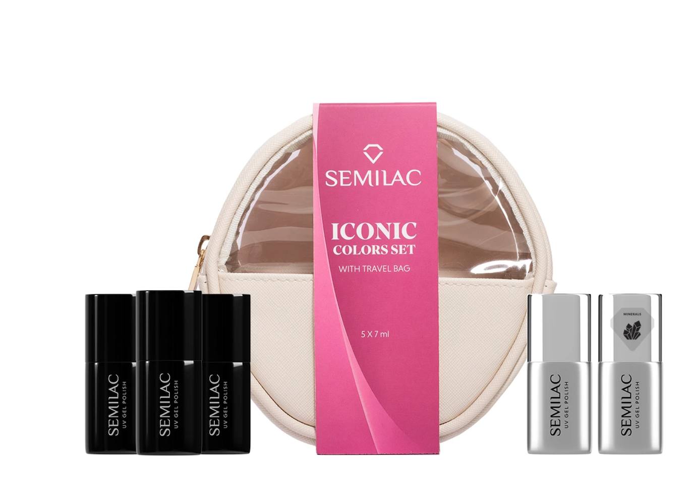 Semilac Iconic Colors Set con neceser de viaje (44 euros). Este set está dedicado a las entusiastas de la manicura con esmalte semipermanente. Incluye productos icónicos, además del neceser de regalo: Mineral Strong Base, FLASH ON Top, 305 Spiced Apple, 002 Delicate French y 592 Jelly Cherry.