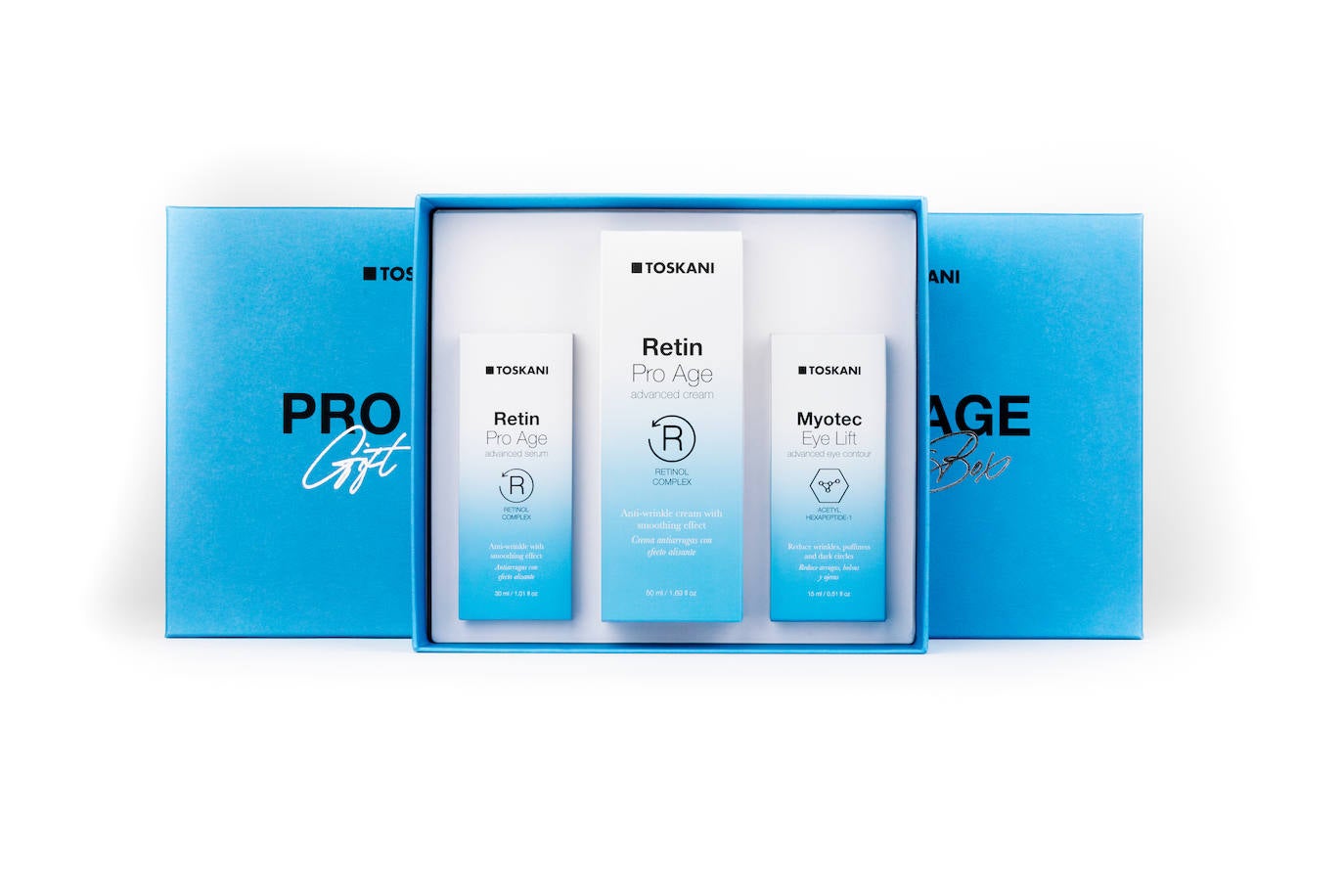 Retin Pro-age Gift Box de Toskani (134 euros). Este pack contiene el Sérum Retin Pro-age, la Crema Retin Pro-age y el Myotec Eye Contour, ofreciendo un lujoso tratamiento con texturas ligeras y de rápida absorción. Se trata de productos formulados con un complejo de retinol con otros activos como kamperol y HA, que ayudan a activar los fibroblastos, evitando imperfecciones y estimulando la producción de colágeno.