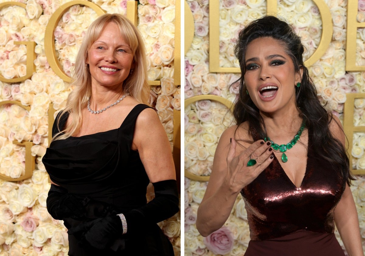 Pamela Anderson y Salma Hayek en la alfombra roja de los Globos de Oro 2025.