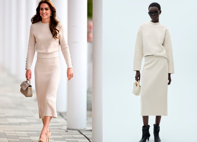 A la izquierda, Kate Middleton con un conjunto de punto. A la derecha, una opción para copiar a la 'royal' firmada por Mango.