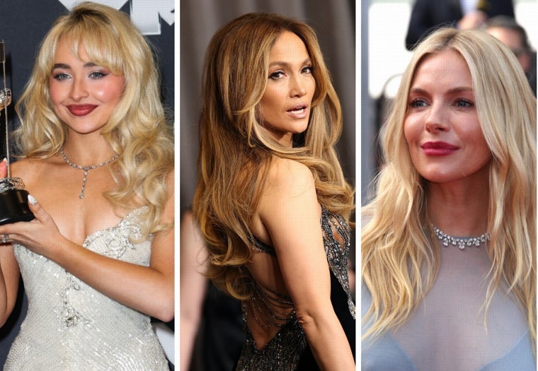 Sabrina Carpenter, Jennifer Lopez y Sienna miller apusta por el pelo largo, muy capeados, como se lleva en 2025.