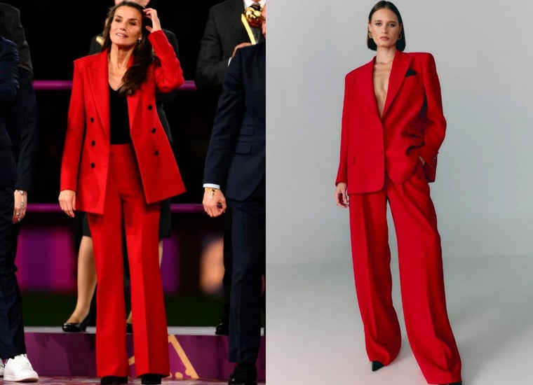 A la izquierda, la Reina Letizia luciendo un traje rojo. A la derecha, una opción para copiar a la monarca, un traje rojo de Blanam.