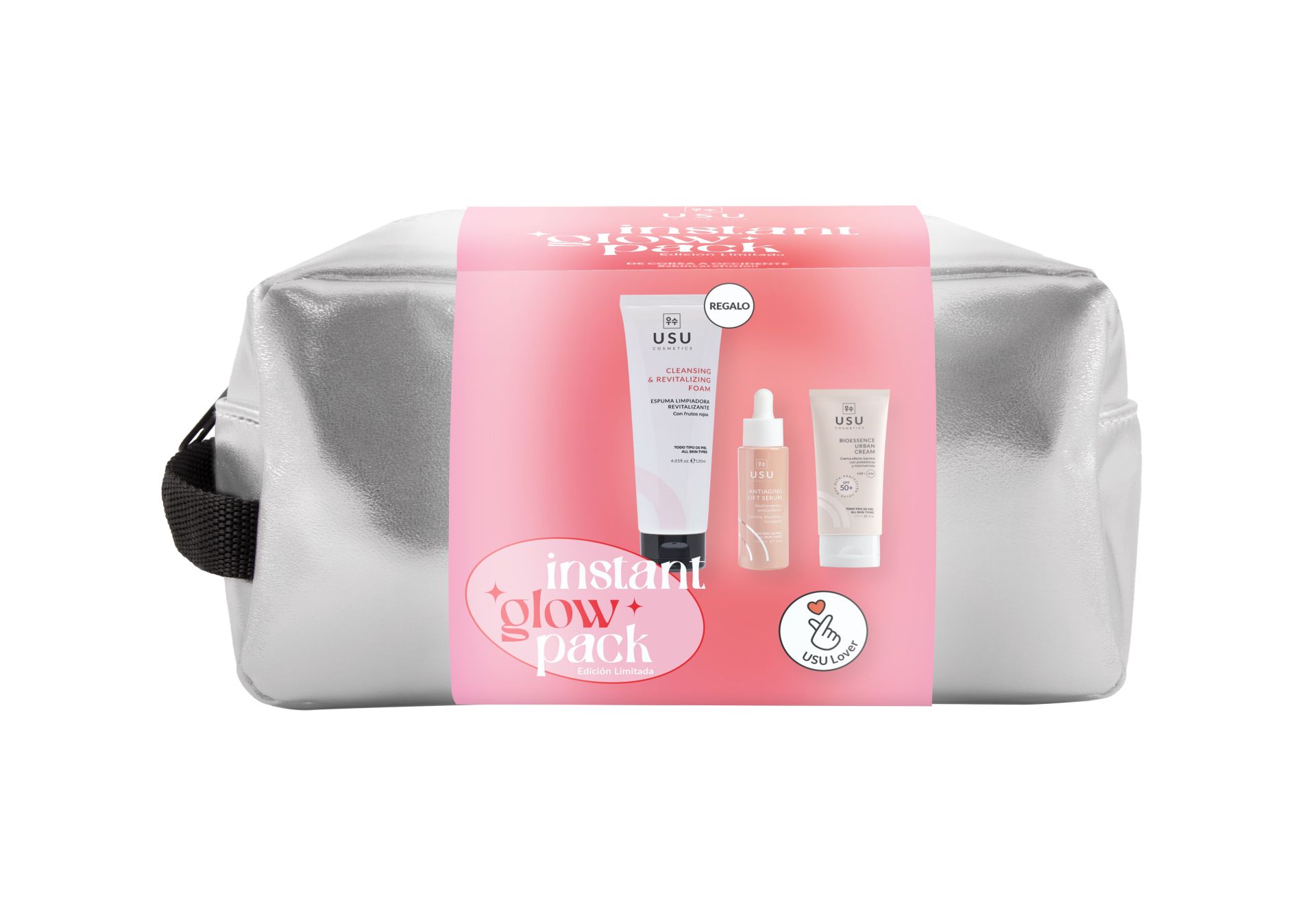 Pack Instant Glow de Usu Cosmetics (69,33 euros). Contiene los tres productos antioxidantes más potentes de la marca, para que la piel luzca ese ‘glow’ que todas las mujeres desean, además del neceser en color plata. Para la limpieza, la Espuma Limpiadora Revitalizante de frutos rojos, que limpia e hidrata la piel. El sérum Antiaging Lift, que contiene cafeína y mejora la pérdida de elasticidad. Y la crema con protección solar Bioessence Urban Cream SPF50+, que también hidrata.