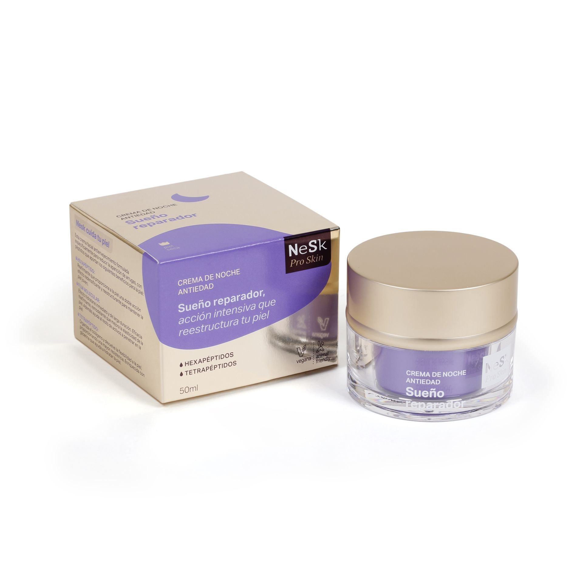 Crema Facial Antiedad Tratamiento de noche Nesk Pro Skin de Clarel (14,99 euros). Formulada con péptidos, ayuda a reducir la aparición de arrugas y mejora  la firmeza y elasticidad de la piel. Su composición incluye hexapéptidos, reafirmante que proporciona a la piel una doble acción efecto redensificante y reestructurante para mantener la piel joven; y tetrapéptidos, que organizan el colágeno para aportar flexibilidad y resistencia a la piel. Incorpora también Film Molecular, un activo con efecto hidratante que mejora la elasticidad de la piel. Además, está enriquecida con glicerina, que ayuda a mantener la hidratación y suavidad durante toda la noche.