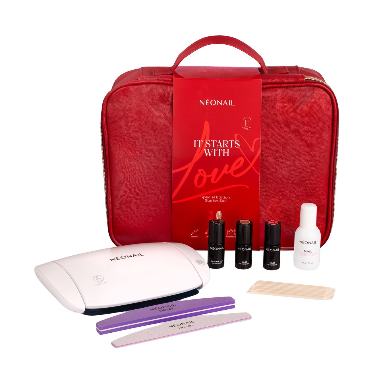 Starter Set It Starts with Love de Neonail (55,99 euros). Este set incluye todo lo necesario para una manicura profesional en casa: lámpara LED, base, top coat, esmalte semipermanente y accesorios esenciales.