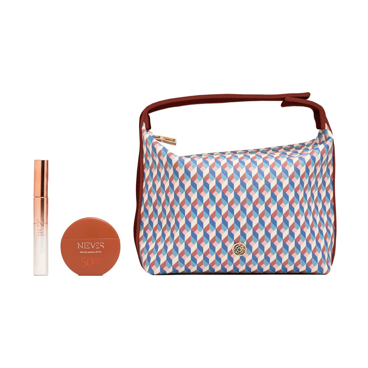 Glow Set de Nieves Beauty x Lonbali (89 euros). Inspirado en el icónico print Born de Lonbali, este neceser presenta un patrón geométrico tridimensional en tonos exclusivos: teja, azul claro y blanco roto. Se puede usar como neceser, o mini bolso de verano. Dentro dos productos de la marca de cosmética de la modelo, el nuevo fluido solar con pigmentos Daily Skin SPF 50 y el bálsamo labial Triple Action Lip Elixir.